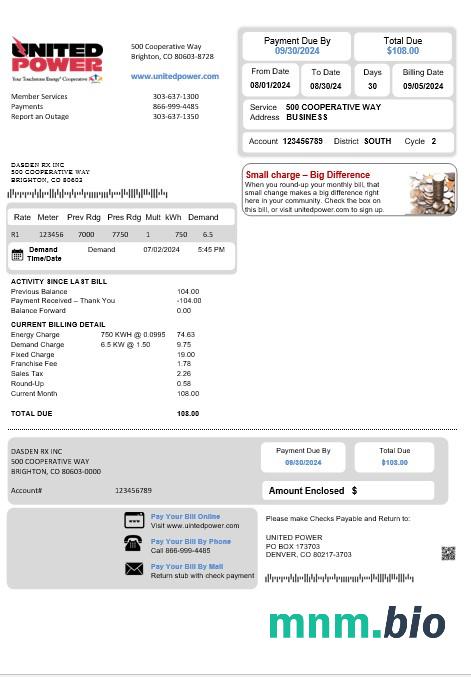 USA Colorado United Power rachunek za usługi komunalne szablon w formacie Word i PDF